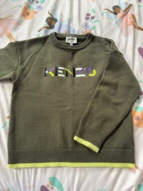 Kenzo Olive Green Crewneck Sweater with Neon Accent